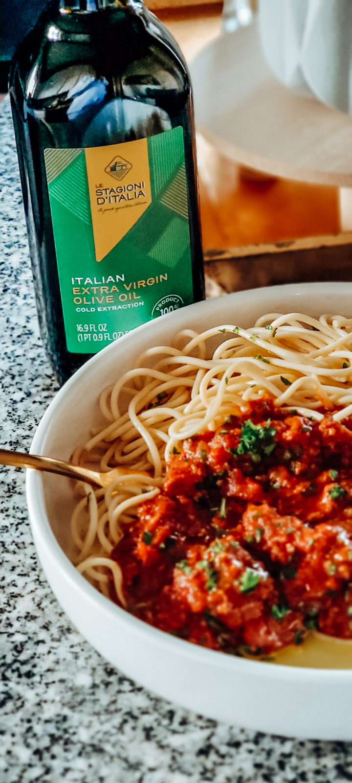 Simple Meat Sauce with Pasta using Flavor Your Life 100% Italian Extra Virgin Olive Oil